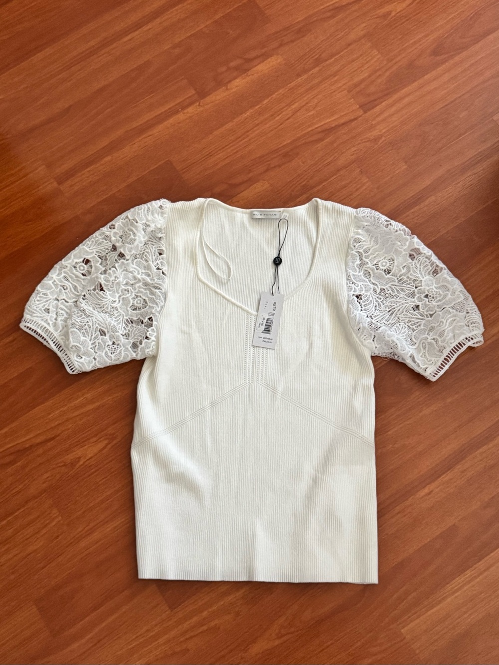 Elie Tahari Arabella Lace-Sleeve Knit Blouse